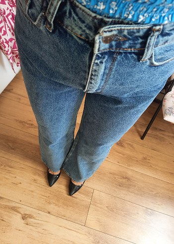 m Beden Kadın Mavi Bağlamalı Loose Fit Midi Kot Pantolon