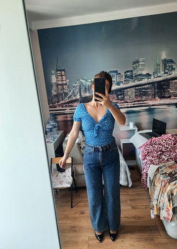 Zara Kadın Mavi Bağlamalı Loose Fit Midi Kot Pantolon