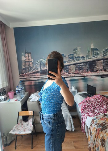 m Beden mavi Renk Kadın Mavi Bağlamalı Loose Fit Midi Kot Pantolon