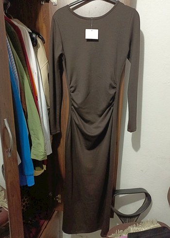 Kahverengi Uzun Kollu Drapeli Kadın Elbise - Görsel 2