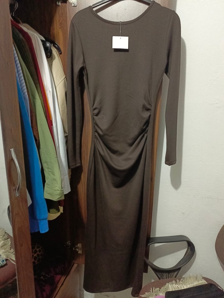 Kahverengi Uzun Kollu Drapeli Kadın Elbise - Görsel 2