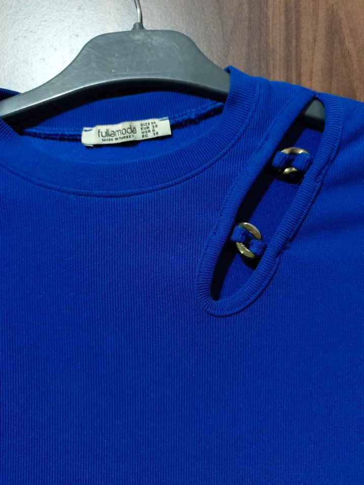 Düğmeli Kısa Mavi Uzun Kollu Kadın crop Kazak - Görsel 2