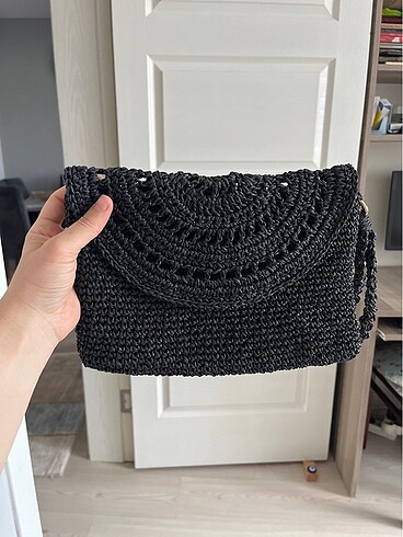 Şık kağıt ipten hasır siyah clutch / portföy çanta