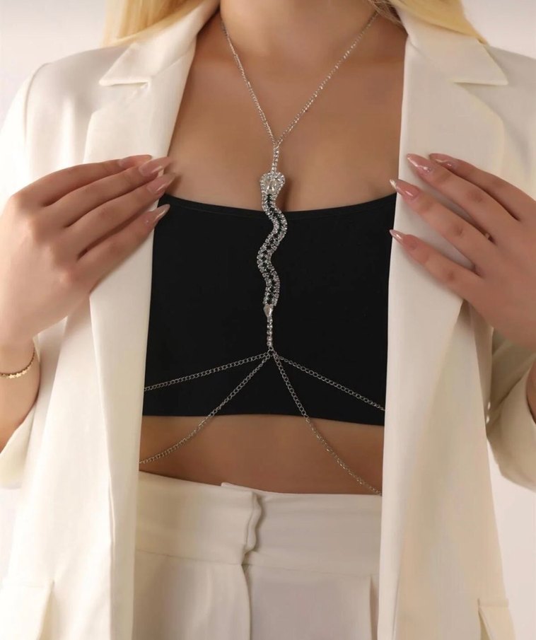 Parlak Yılan Desenli Zincir Detaylı Vücut Zinciri - Görsel 3