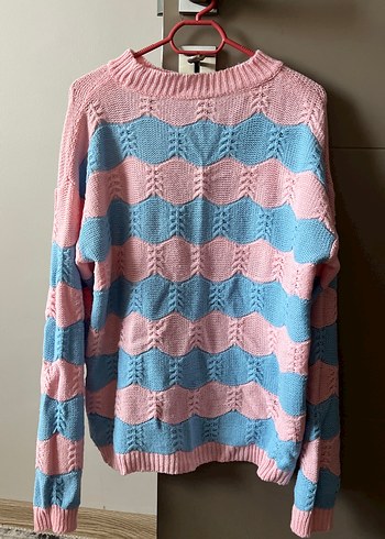 Pembe Mavi Çizgili Örgü Kadın Kazak - Görsel 2