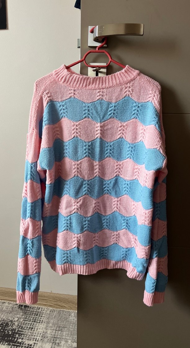 Pembe Mavi Çizgili Örgü Kadın Kazak - Görsel 2