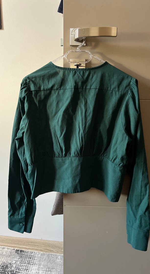 Düğmeli Koyu Yeşil Keten Kadın Gömlek - Görsel 2