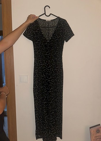 Stradivarius Düğmeli Siyah Puantiyeli Midi Tulum