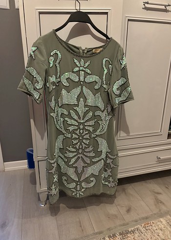 m Beden Boncuk İşlemeli Gri Bohem Elbise Frock and frill