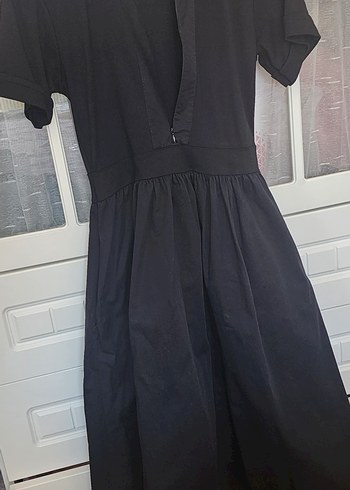 Siyah V Yakalı Midi Keten Elbise - Görsel 5