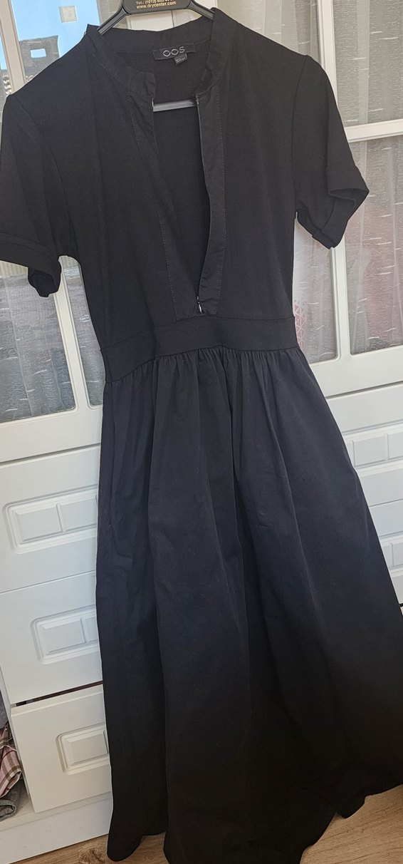 Siyah V Yakalı Midi Keten Elbise - Görsel 5