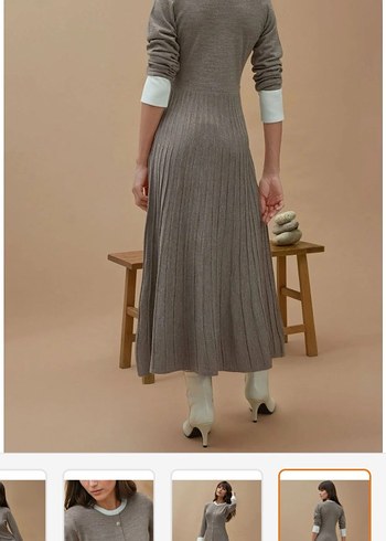 Düğmeli Piliseli Triko Uzun Elbise - Görsel 4