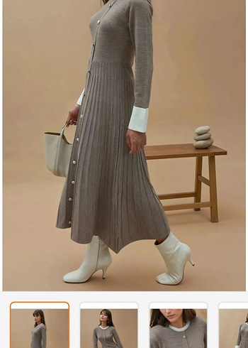 Düğmeli Piliseli Triko Uzun Elbise - Görsel 2