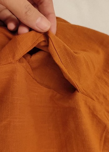 Kahverengi Kolsuz Midi Keten Elbise - Görsel 3