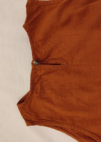 Kahverengi Kolsuz Midi Keten Elbise - Görsel 4