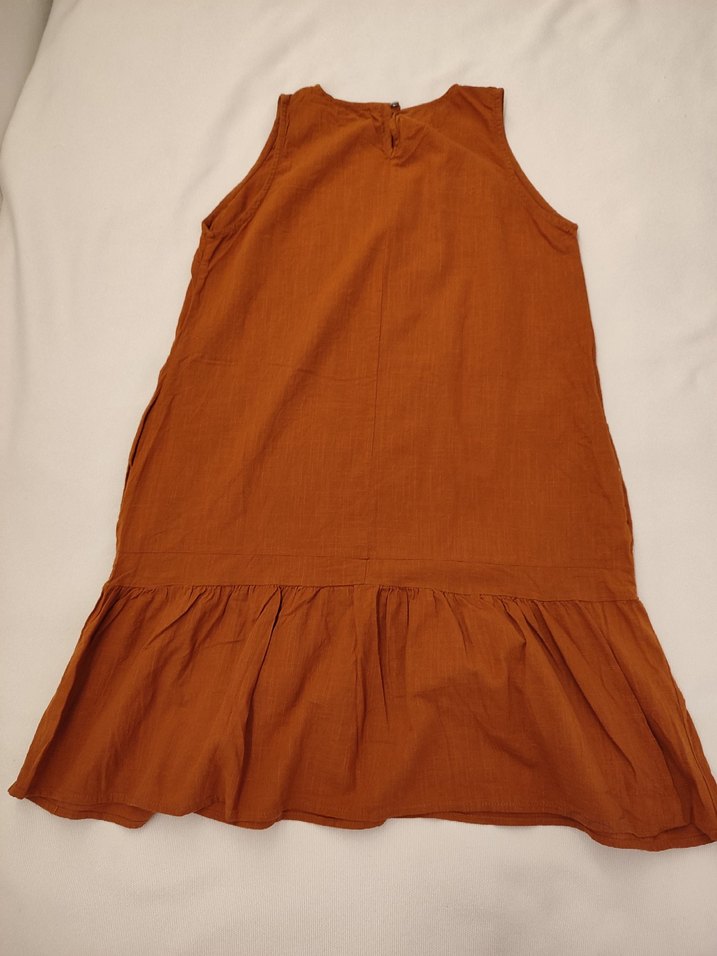 Kahverengi Kolsuz Midi Keten Elbise - Görsel 2