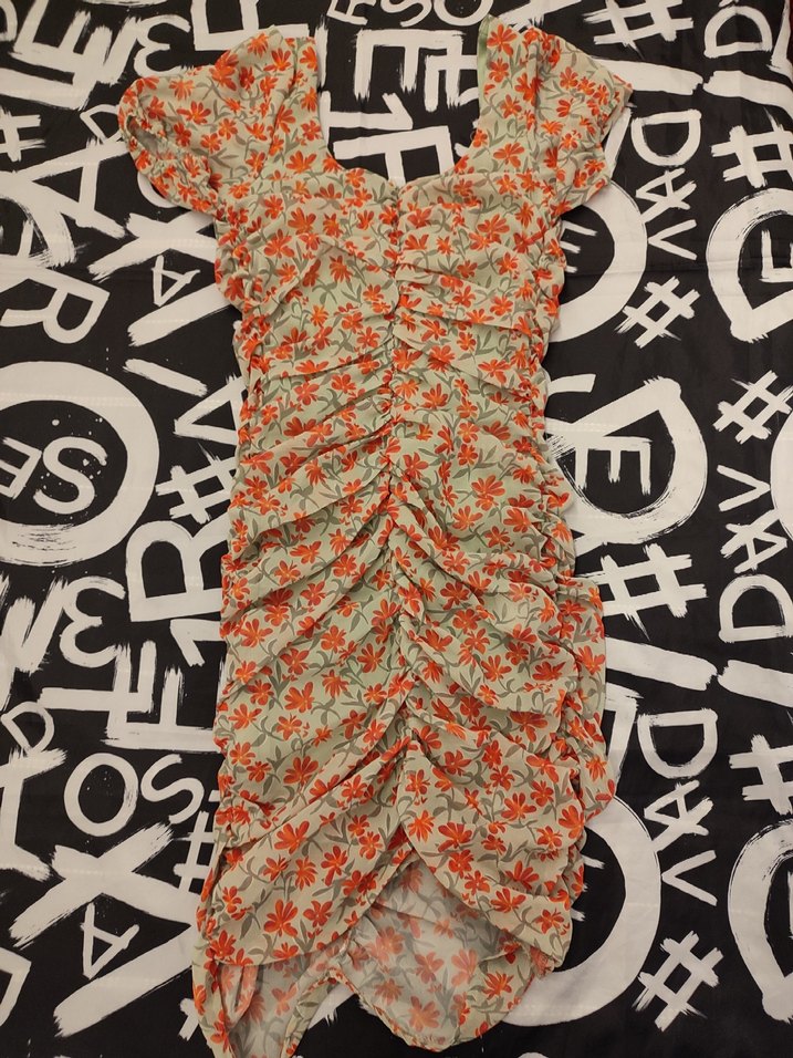 Renkli Çiçek Desenli Drapeli V Yaka Elbise - Görsel 2