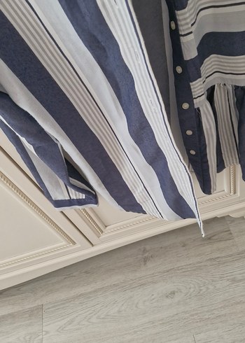 Uzun Kollu, Çizgili Mavi Keten Kadın Gömlek - Görsel 3