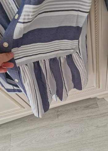 Uzun Kollu, Çizgili Mavi Keten Kadın Gömlek - Görsel 4