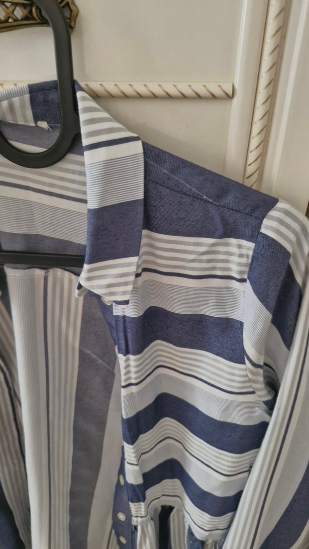 Uzun Kollu, Çizgili Mavi Keten Kadın Gömlek - Görsel 2