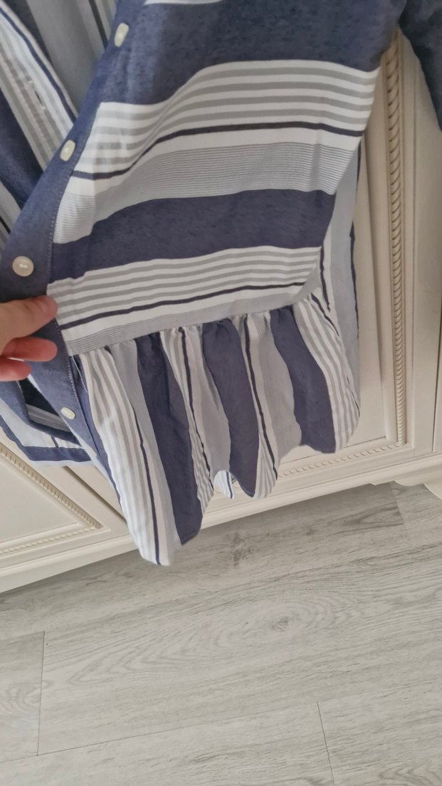 Uzun Kollu, Çizgili Mavi Keten Kadın Gömlek - Görsel 4