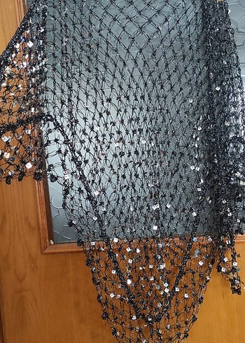 Boncuk İşlemeli Siyah Kadın Atkı - Görsel 2