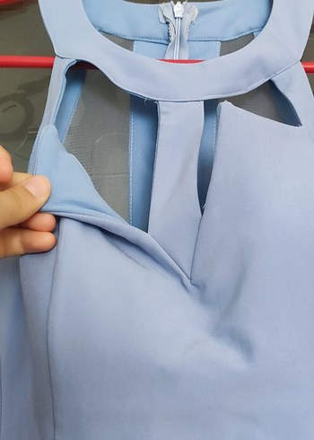 Mavi Straplez Uzun Drapeli Kadın Elbise - Görsel 3