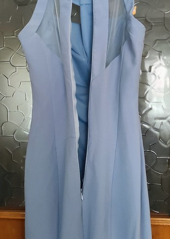Mavi Straplez Uzun Drapeli Kadın Elbise - Görsel 7