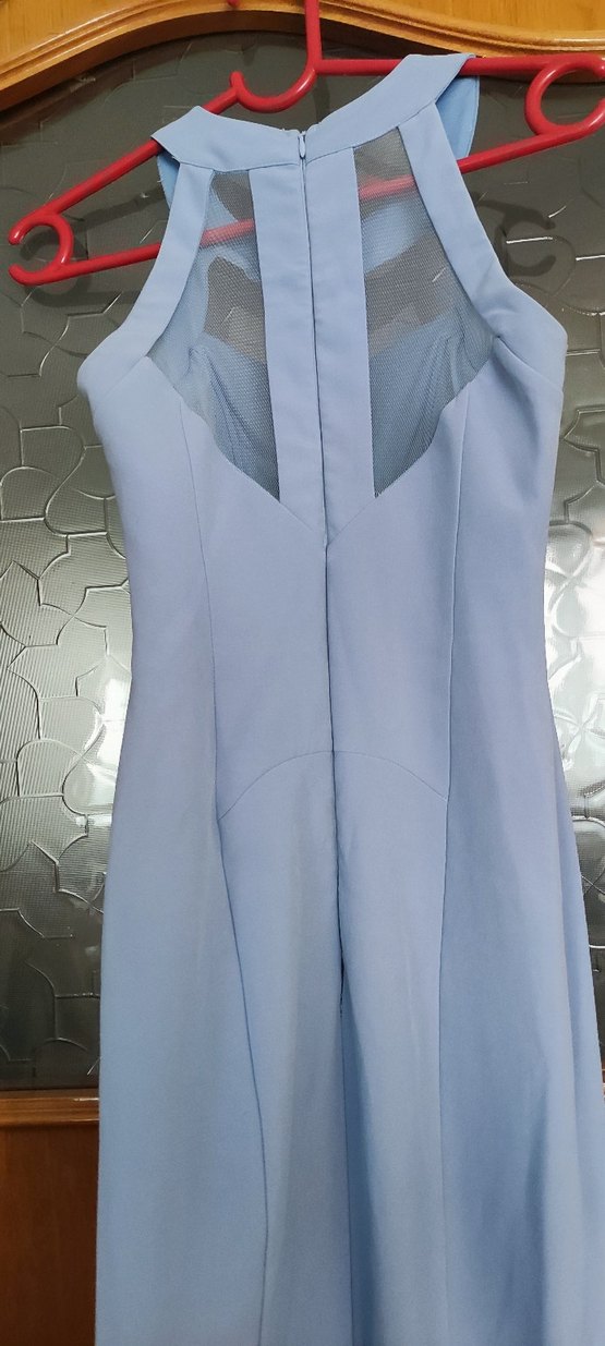 Mavi Straplez Uzun Drapeli Kadın Elbise - Görsel 4