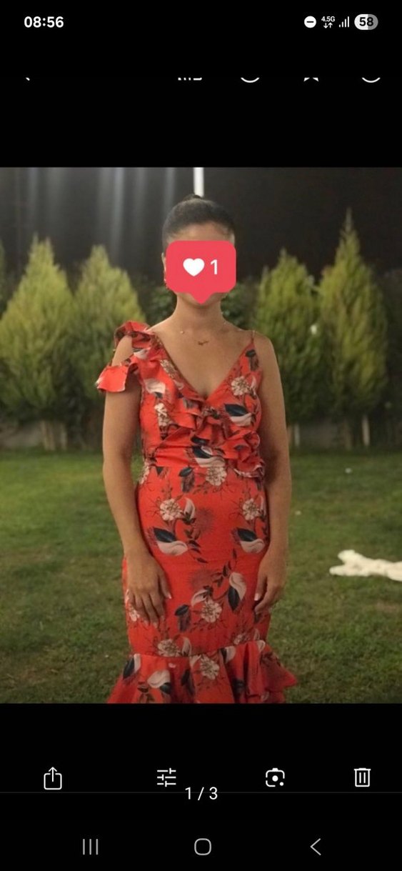 Kırmızı Çiçekli Volanlı Uzun Elbise - Görsel 3