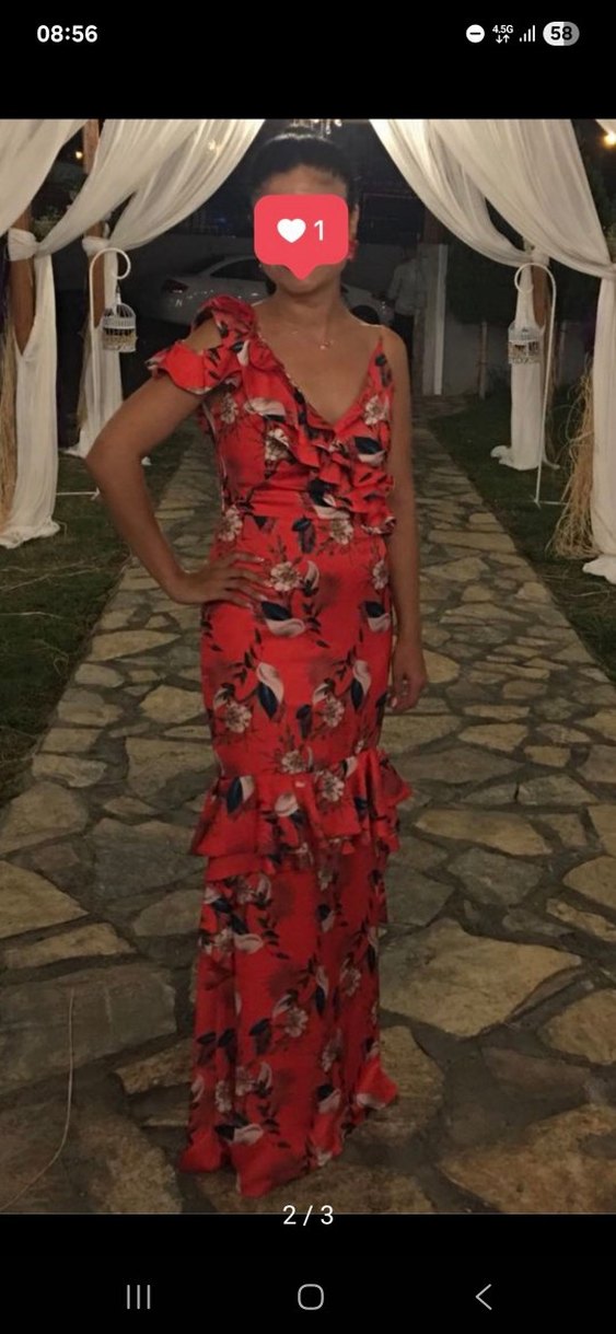 Kırmızı Çiçekli Volanlı Uzun Elbise - Görsel 2