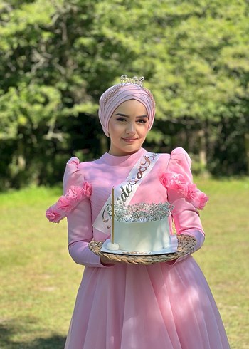 Pembe Uzun Kollu Çiçekli Tesettür Abiye - Görsel 4