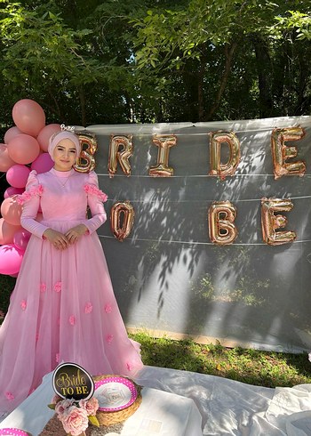 Pembe Uzun Kollu Çiçekli Tesettür Abiye - Görsel 5