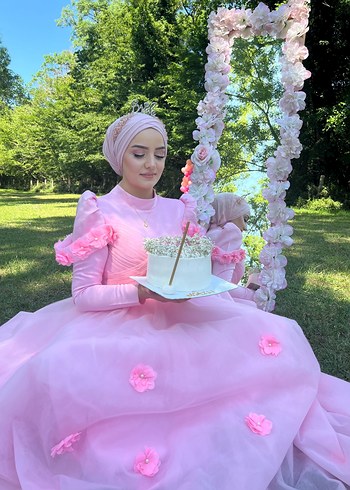 Pembe Drapeli Uzun Kollu Abiye - Görsel 3