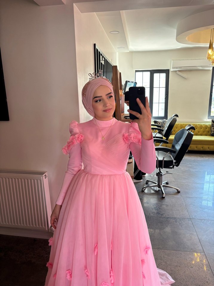 Pembe Drapeli Uzun Kollu Abiye - Görsel 5