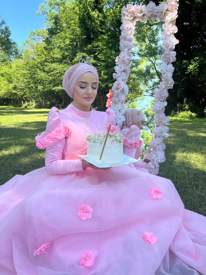 Pembe Uzun Kollu Çiçekli Bohem Abiye - Görsel 4