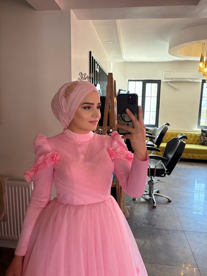 Pembe Uzun Kollu Çiçekli Bohem Abiye - Görsel 2