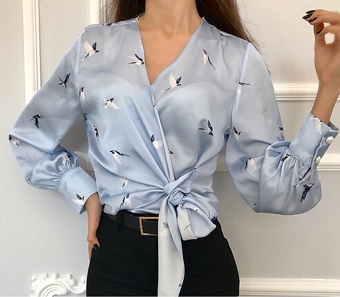 Martı baskılı bebe mavisi saten bluz
