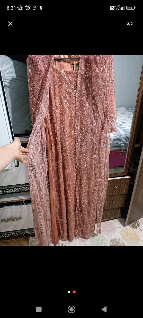 Uzun Kollu Bej İşlemeli Bohem Kadın Elbise - Görsel 2