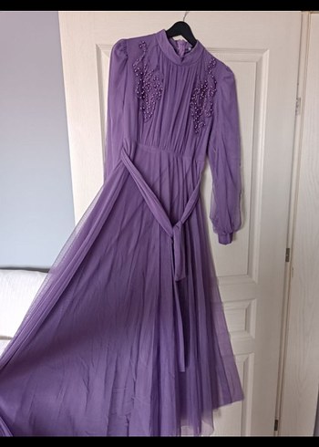 Uzun Kollu Mor Pilili Abiye Elbise - Görsel 2