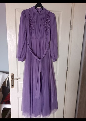 Uzun Kollu Mor Pilili Abiye Elbise - Görsel 4