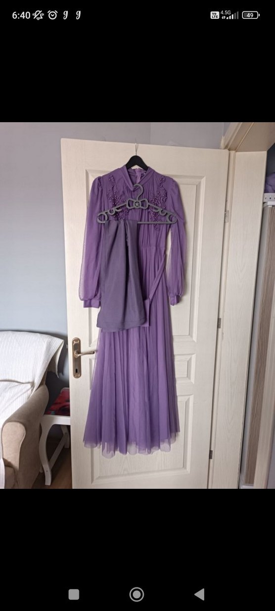 Uzun Kollu Mor Pilili Abiye Elbise - Görsel 3