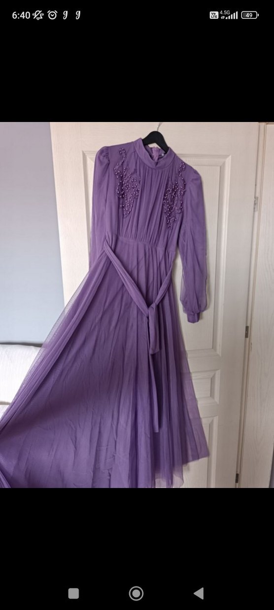 Uzun Kollu Mor Pilili Abiye Elbise - Görsel 2