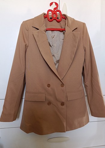 Bej Düğmeli Midi Kadın Blazer Ceket