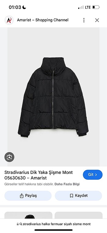 Stradivarius Dik Yaka Siyah Şişme Mont