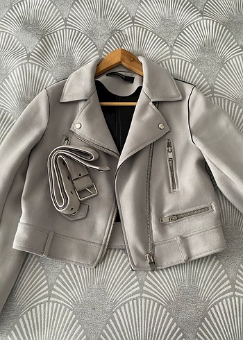 Zara Gri Kemerli Kısa Deri Biker Ceket S beden