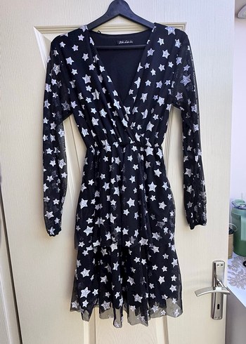 Transparan kol detaylı simli elbise - Görsel 4