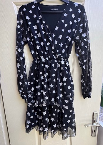 Transparan kol detaylı simli elbise - Görsel 3