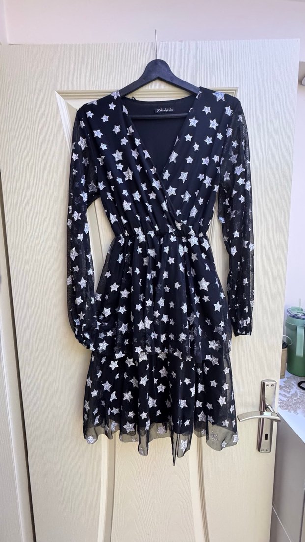 Transparan kol detaylı simli elbise - Görsel 5