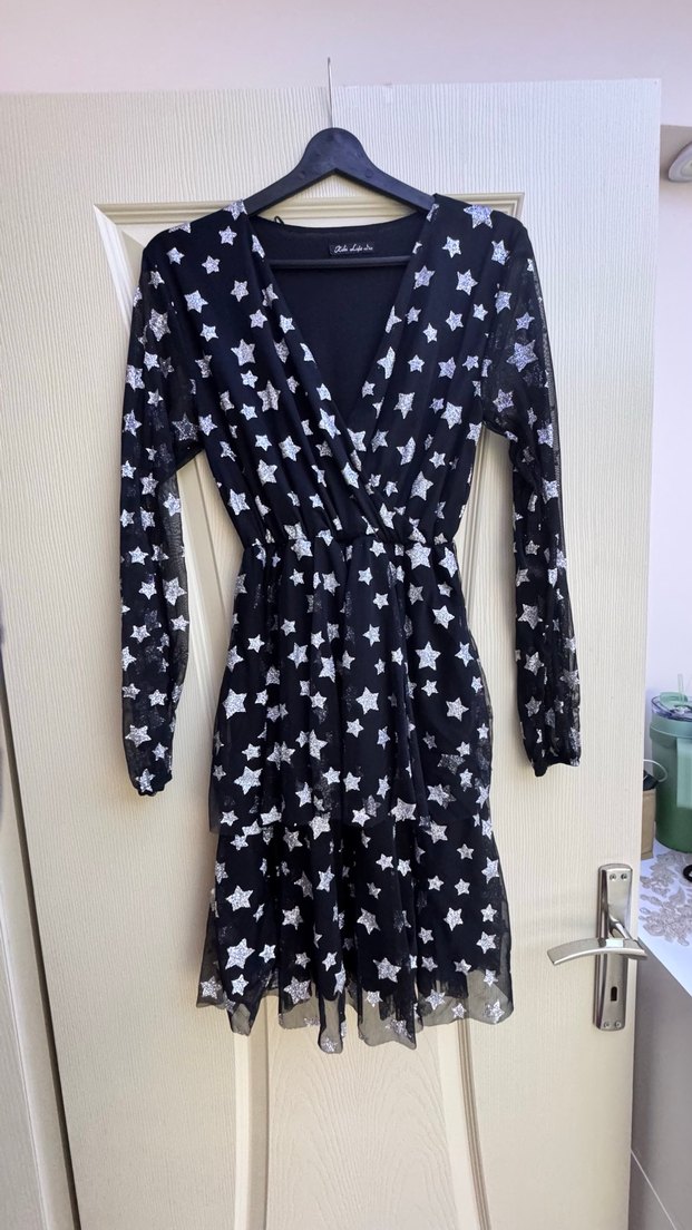 Transparan kol detaylı simli elbise - Görsel 4